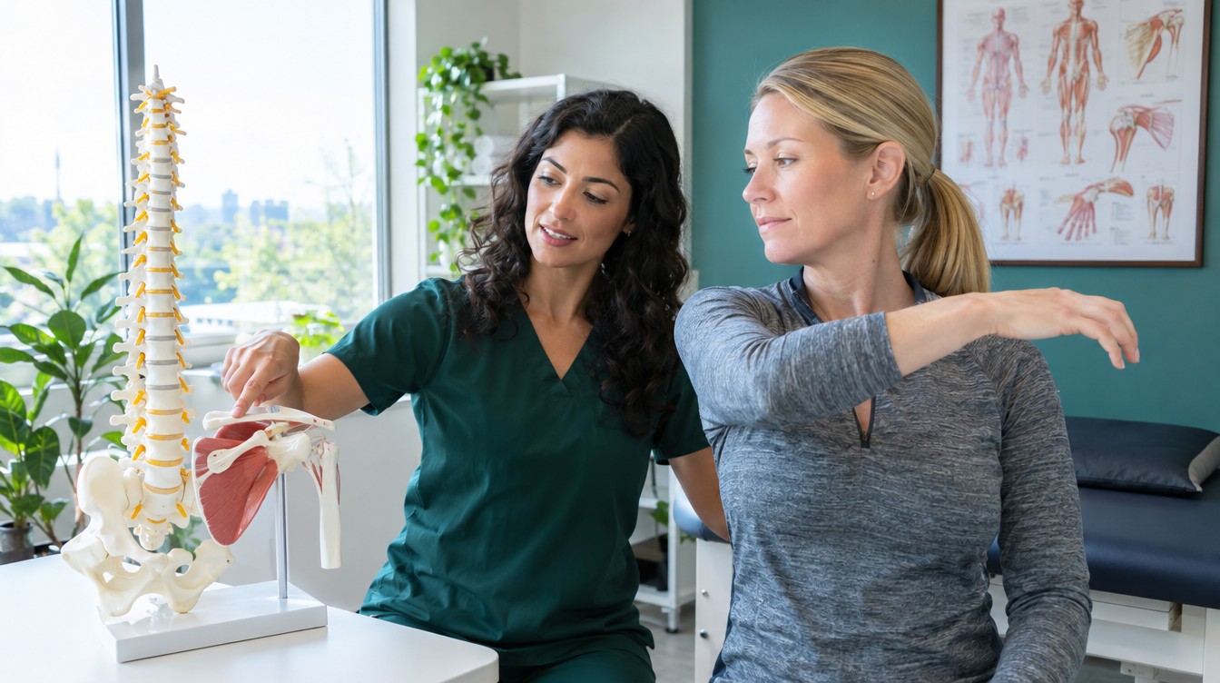 Physiotherapist explaining a shoulder assessment with an anatomical model at Right Time Rehab, Brampton
