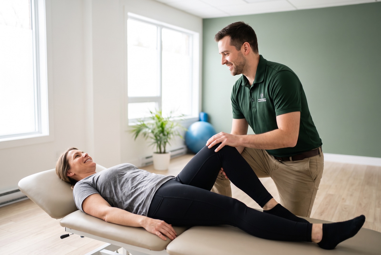 Physiotherapist guiding a patient through a knee exercise at a Brampton clinic