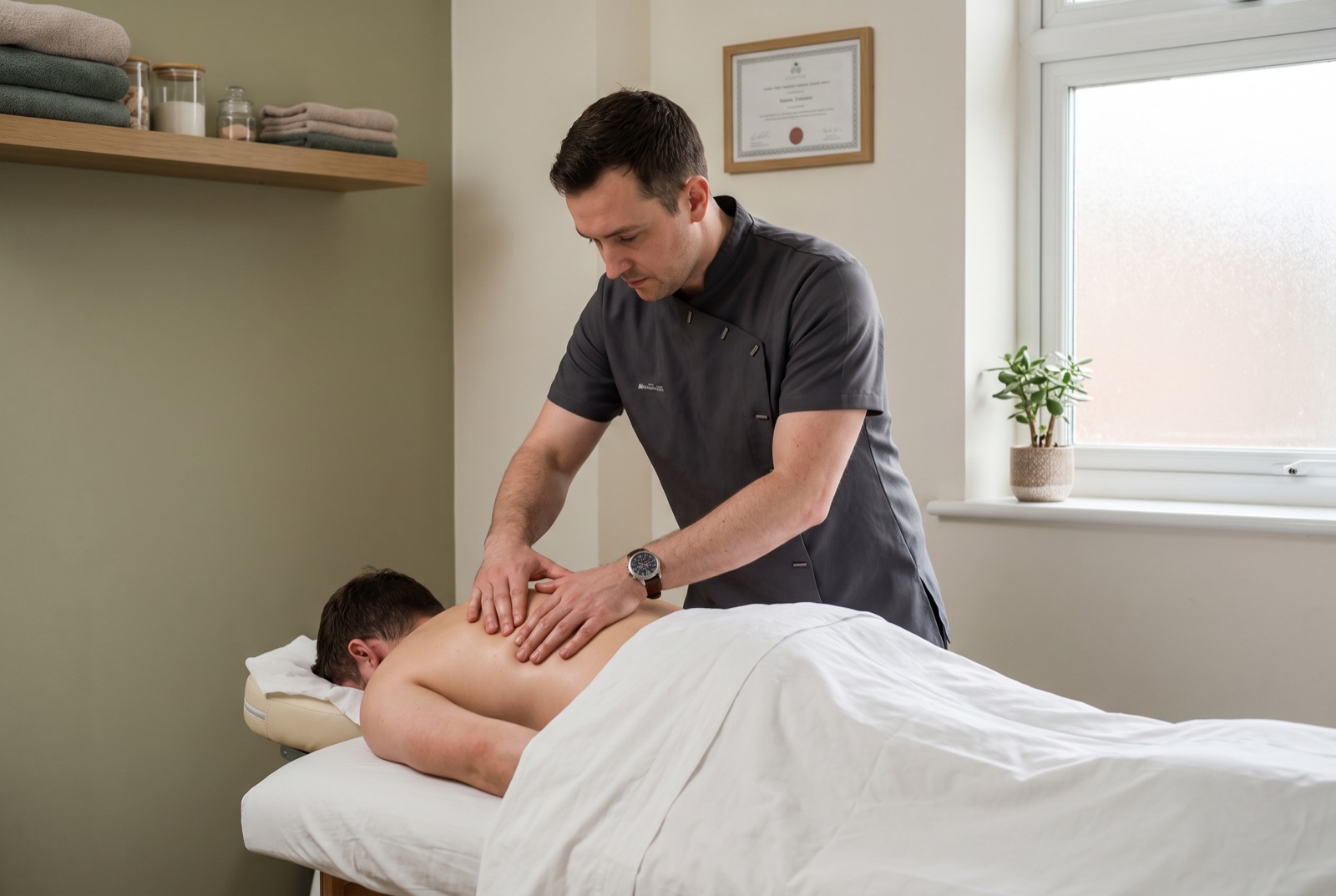 Registered massage therapist treating a patient's upper back