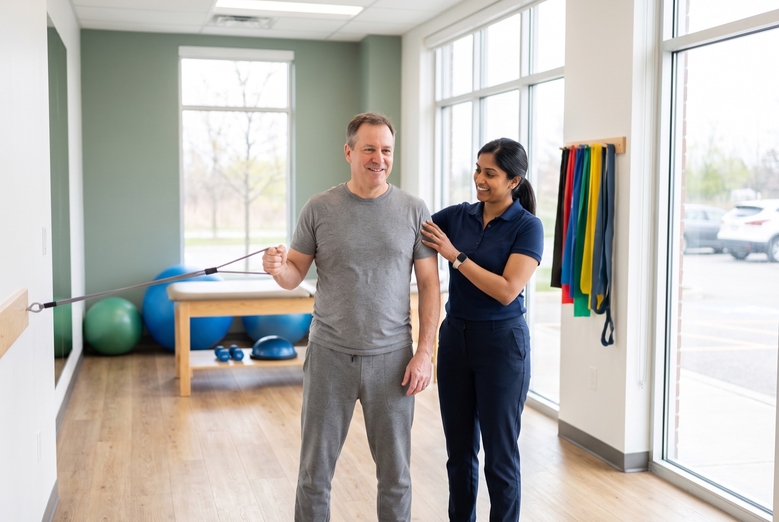 Physiotherapist guiding a patient through a shoulder exercise at a Brampton clinic